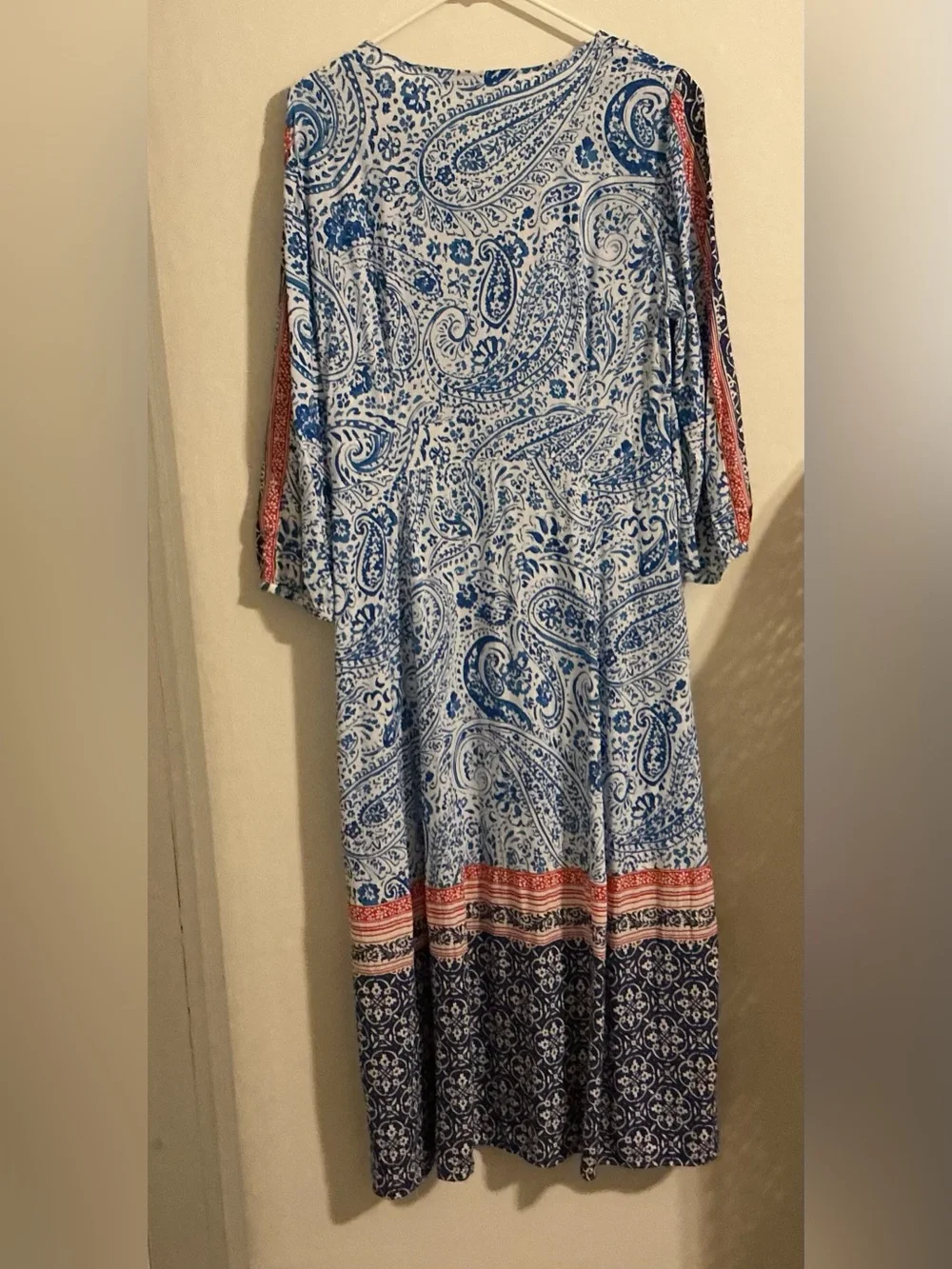 Zara XL Paisley Midi Dress Linen Blend Blue White Red Boho Prairie Resortwear - Picture 5 of 6